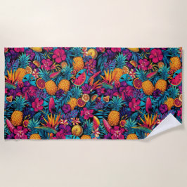 Neon Tropical Fruit Flower Beach Towel - Pineapple