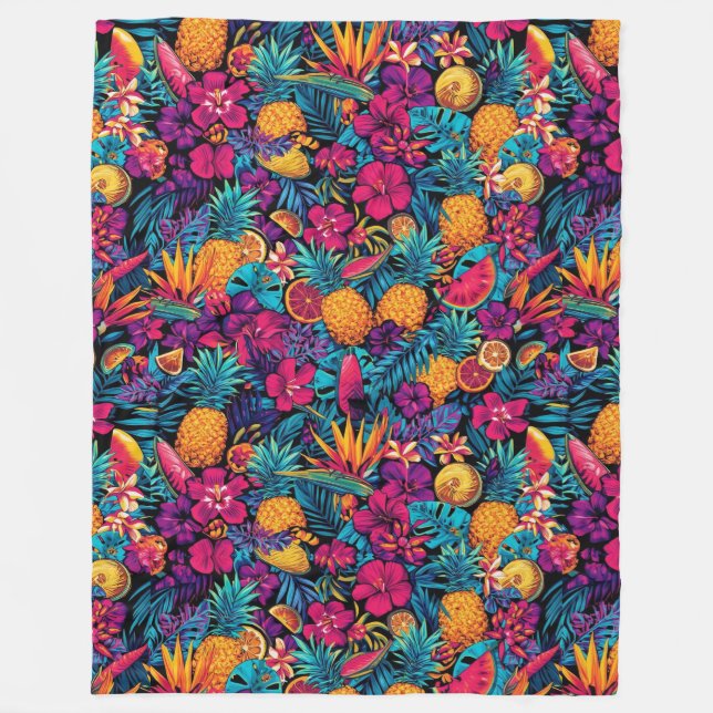 Neon Tropical Fruit Flower Throw Blanket Fleecefilt (Framsidan)