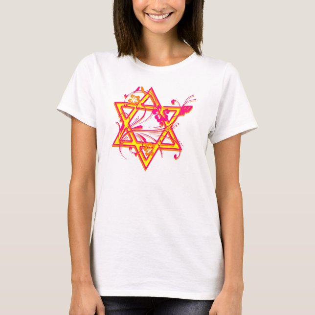 Neon Tropical Hibiscus Star of David Tee Shirt (Framsida)