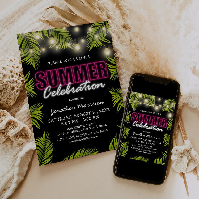 Neon Tropisk Sommar Födelsedagsinbjudan Inbjudningar (Skapare uppladdad)