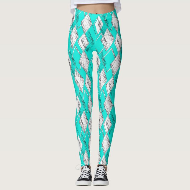 Neon turkos geometric mönster. leggings (Framsida)