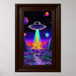 Neon-UFO-förflyttning – Psykedelisk rymdkonsttryck Poster