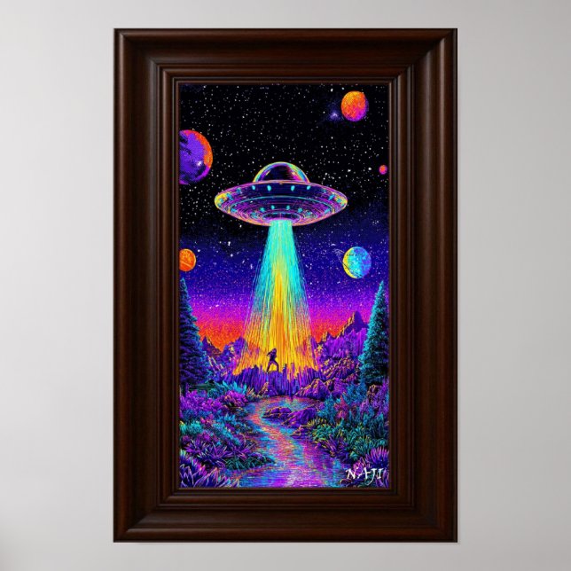Neon-UFO-förflyttning – Psykedelisk rymdkonsttryck Poster (Framsidan)