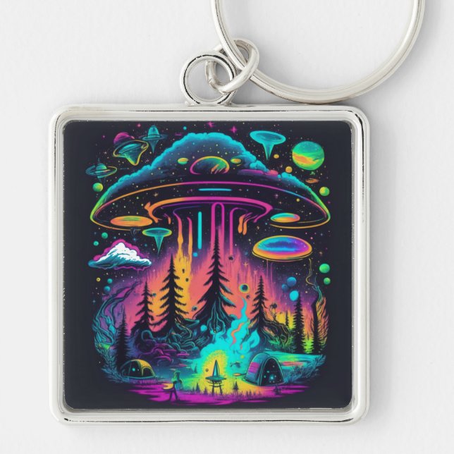Neon UFO och Alien Scene Psychedelic Art Fyrkantig Silverfärgad Nyckelring (Framsidan)