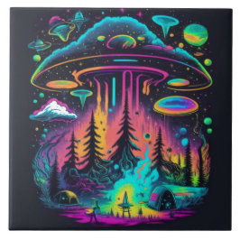 Neon UFO och Alien Scene Psychedelic Art Kakelplatta