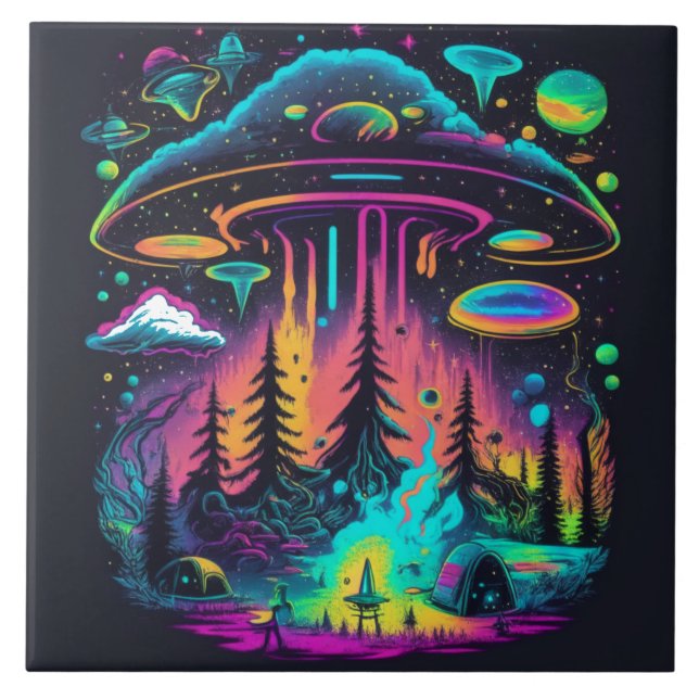 Neon UFO och Alien Scene Psychedelic Art Kakelplatta (Framsidan)
