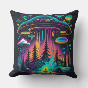 Neon UFO och Alien Scene Psychedelic Art Kudde