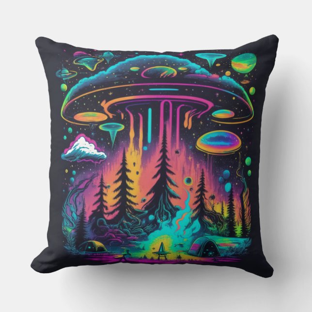 Neon UFO och Alien Scene Psychedelic Art Kudde (Framsida)