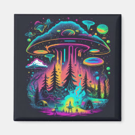 Neon UFO och Alien Scene Psychedelic Art Magnet