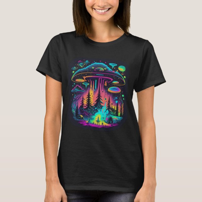 Neon UFO och Alien Scene Psychedelic Art T Shirt (Framsida)
