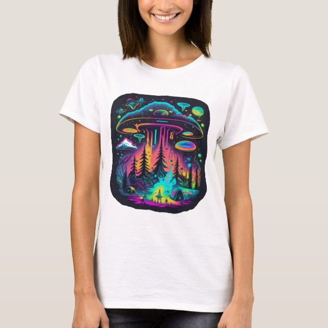 Neon-UFO och utomjordingar Scen Psykedelisk Konst T Shirt (Framsida)