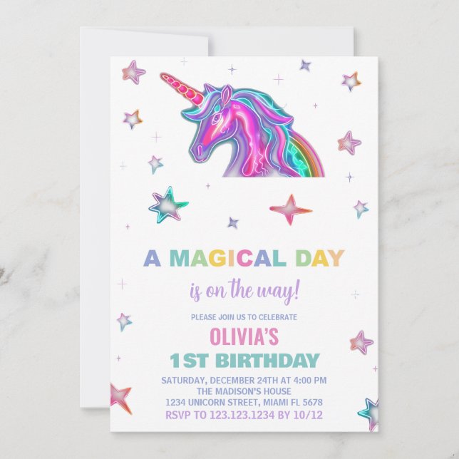 Neon Unicorn Birthday-inbjudningar Inbjudningar (Framsida)