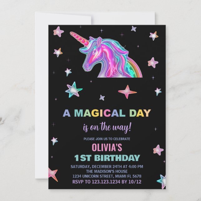 Neon Unicorn Birthday-inbjudningar Inbjudningar (Framsida)