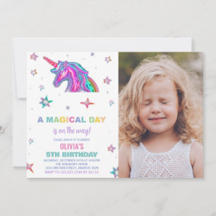 Neon Unicorn Birthday-inbjudningar med foto Inbjudningar