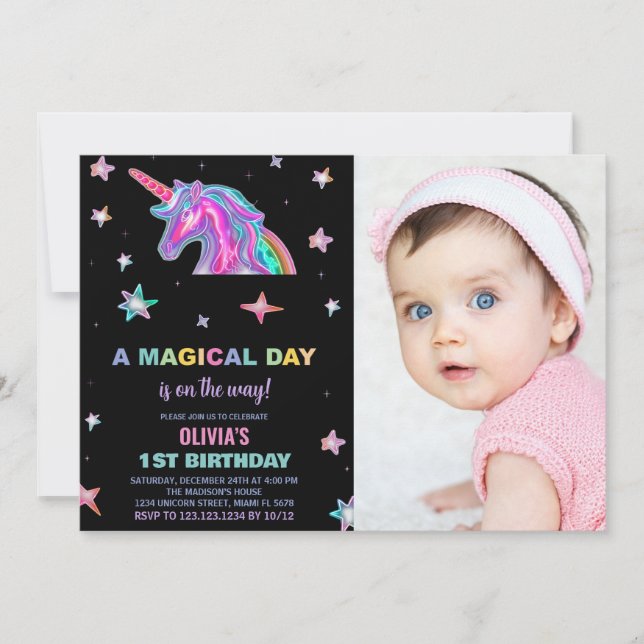 Neon Unicorn Birthday-inbjudningar med foto Inbjudningar (Framsida)