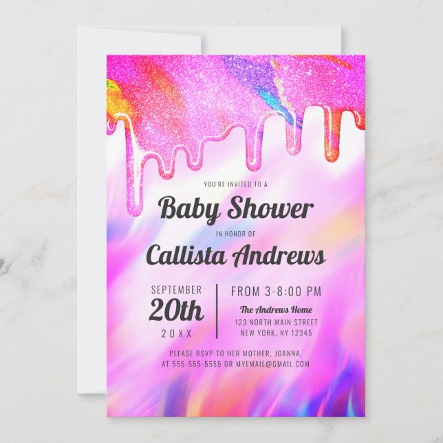 Neon Unicorn HoloGraph Glitter Drip Baby Shower Inbjudningar (Framsida)