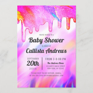 Neon Unicorn HoloGraph Glitter Drip Baby Shower Inbjudningar