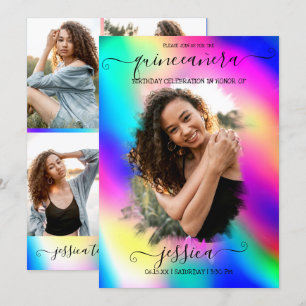 Neon Unicorn HoloGraph Photo Collage Quinceañera Inbjudningar