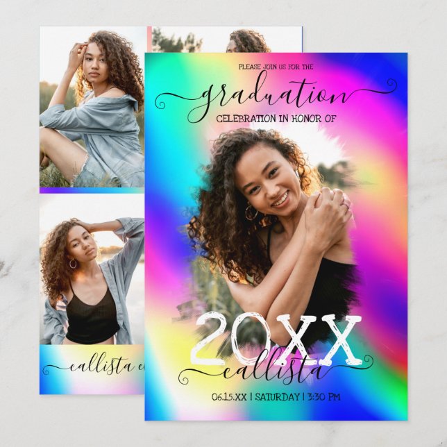 Neon Unicorn HoloGraph Photo Collage Studenten Inbjudningar (Fram/baksida)