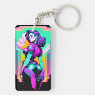 Neon Vaporwave Pinup Girl Acrylic Keychain