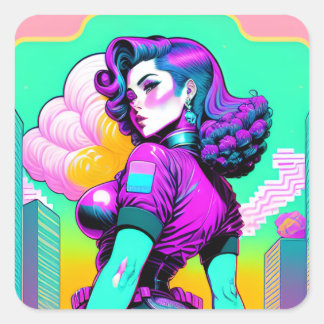 Neon Vaporwave Pinup Girl Sticker Fyrkantigt Klistermärke