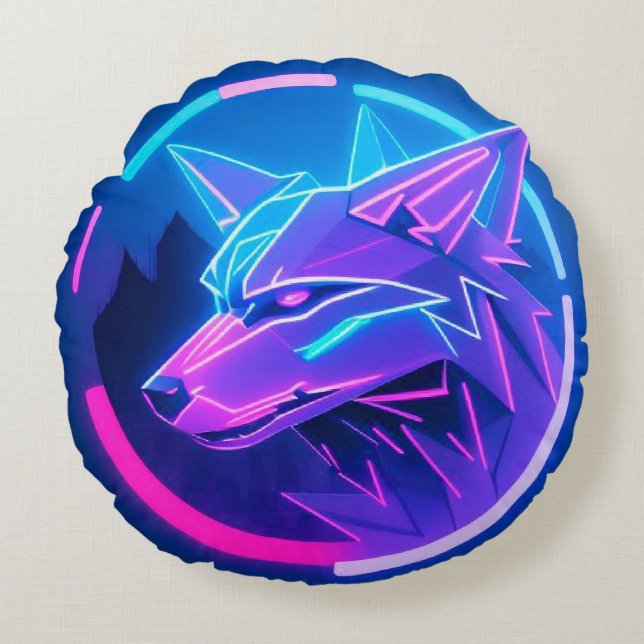 Neon vargansikte i geometrisk futuristisk stil 🐺✨ rund kudde (Framsidan)