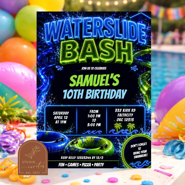 Neon Vattenrutschbana Bash Tonåring Födelsedagsinb Inbjudningar (Skapare uppladdad)