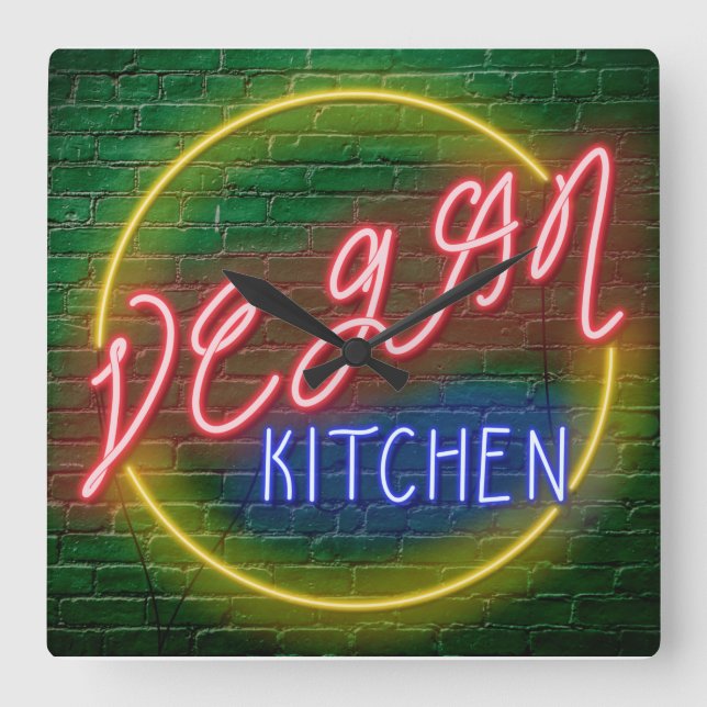 Neon Vegan Kitchen-skylt Fyrkantig Klocka (Framsida)