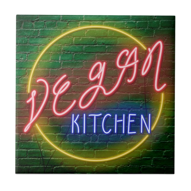 Neon Vegan Kitchen-skylt Kakelplatta (Framsidan)