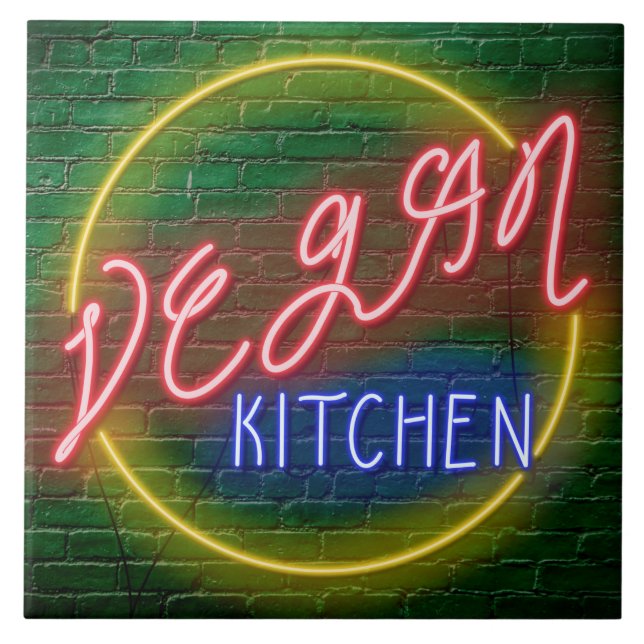 Neon Vegan Kitchen-skylt Kakelplatta (Framsidan)