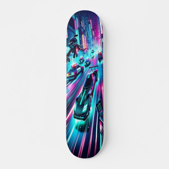 "Neon Velocity: Cyberpunk Chase Mini Skateboard Bräda 18,5 Cm (Framsida)