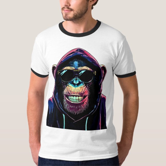 Neon Vibe – Stylish Chimpanzee in Hoodie and Sungl T Shirt (Framsida)