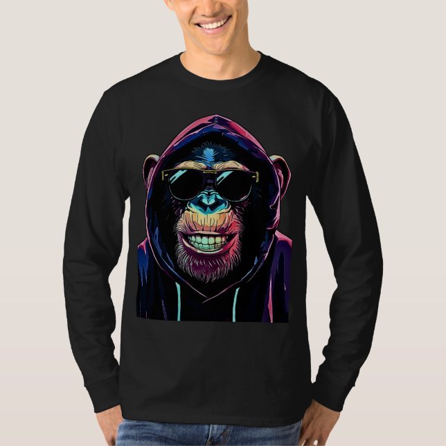 Neon Vibe – Stylish Schimpans i Hoodie och Solglas T Shirt (Framsida)