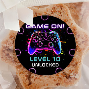 Neon Video Game Level Up Birday Runt Klistermärke