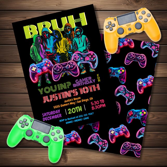 Neon Video Gamer Födelsedagsfest Bruh you in Inbjudningar (Skapare uppladdad)