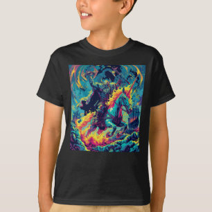 Neon Vikingkrigare Ridande Flammande Enhörning T Shirt