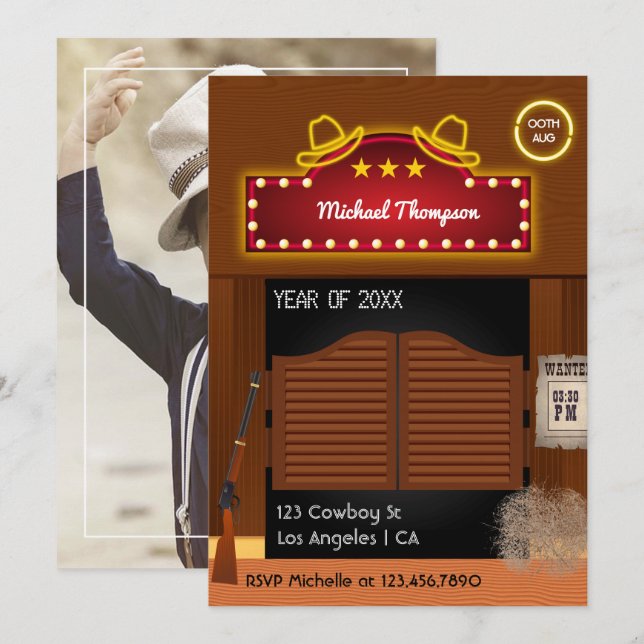Neon Vilda western Cowboytema Studentfest Inbjudningar (Fram/baksida)