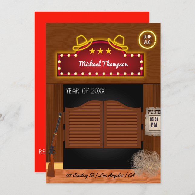 Neon Vilda western Cowboytema Studentfest Inbjudningar (Fram/baksida)