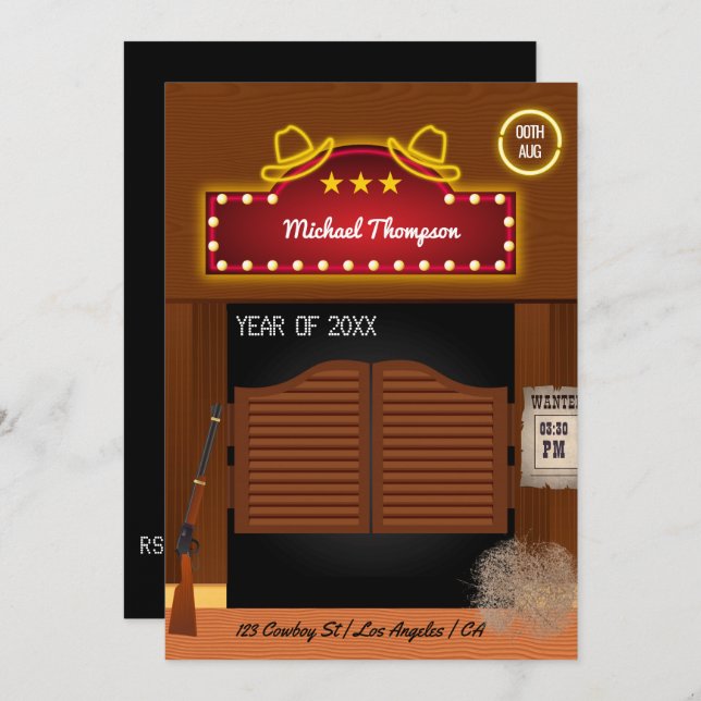 Neon Vilda western Cowboyteman Studentfest Invi Inbjudningar (Fram/baksida)