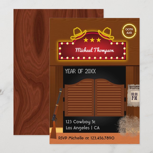 Neon Vilda western Cowboyteman Studentfest Invi Inbjudningar (Fram/baksida)