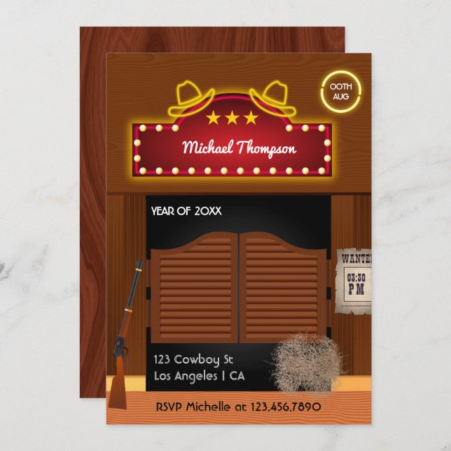 Neon Vilda western Cowboyteman Studentfest Invi Inbjudningar (Fram/baksida)