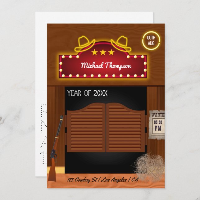 Neon Vilda western Cowboyteman Studentfest Invi Inbjudningar (Fram/baksida)