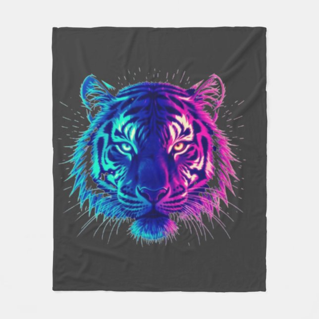 Neon Vit Tiger – Lysande Cyberpunk Vilda Djur Kons Fleecefilt (Framsidan)