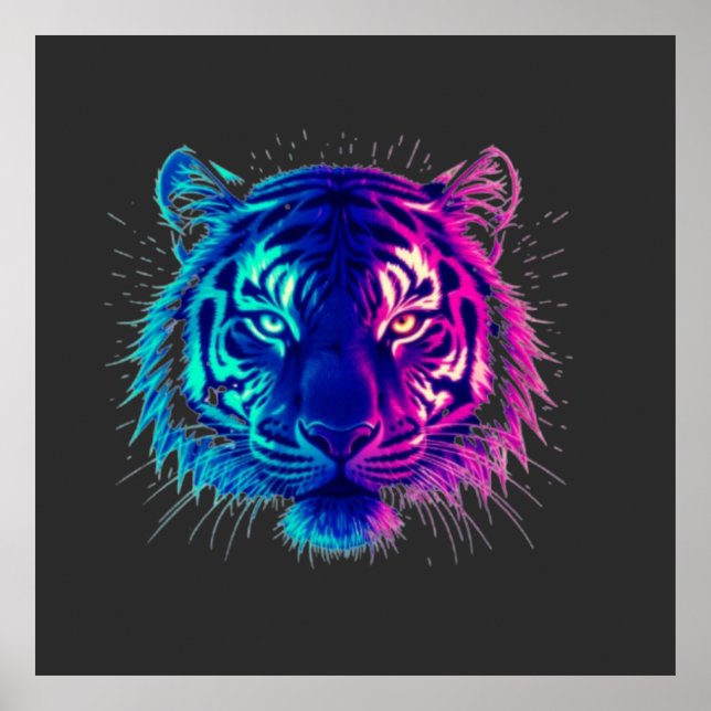 Neon Vit Tiger – Lysande Cyberpunk Vilda Djur Kons Poster (Framsidan)