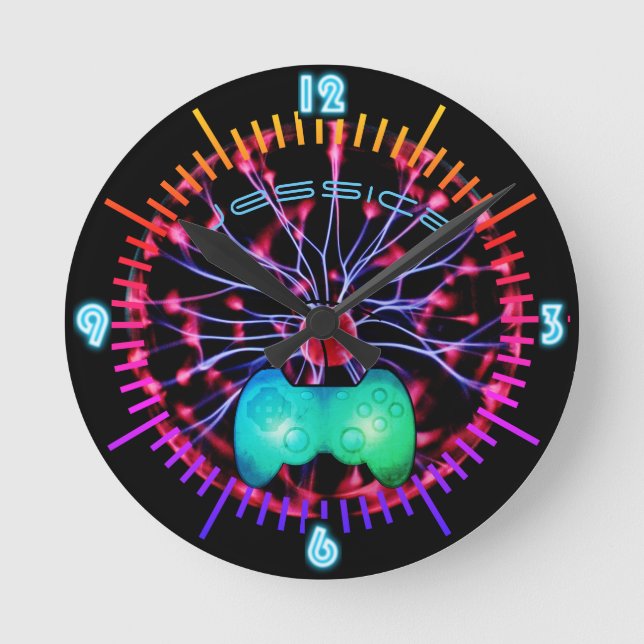 NEON Wall Clock Girl Gamers Plasma Boll Rund Klocka (Framsida)