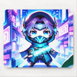 Neon Warrior - Chibi Cyber Ninja Mousepad Musmatta