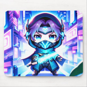 Neon Warrior - Chibi Cyber Ninja Mousepad Musmatta