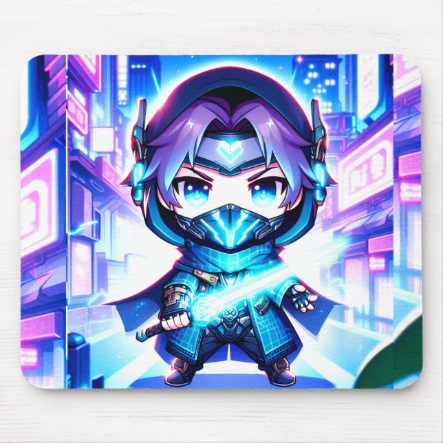 Neon Warrior - Chibi Cyber Ninja Mousepad Musmatta (Framsidan)
