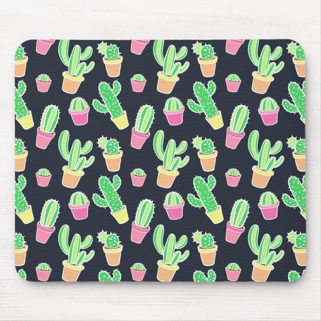 Neon Watercolor Cacti i Pots Mönster Musmatta (Framsidan)