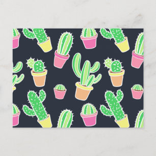 Neon Watercolor Cacti i Pots Mönster Vykort